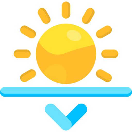 Sun setting over a blue line with a downward-pointing chevron below. Yellow, orange, and blue colors.