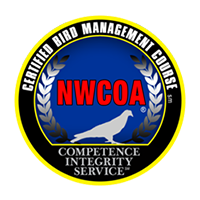a certified bird management course logo with a bird and laurel wreath .