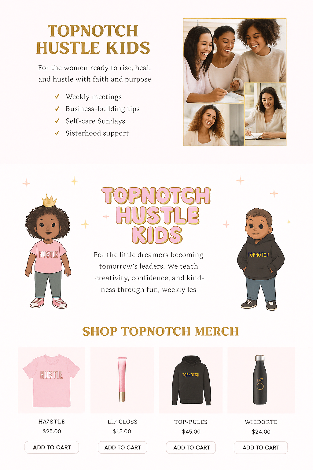Promotional material for Topnotch Hustle Kids: features, illustrations, merchandise, and images of people.