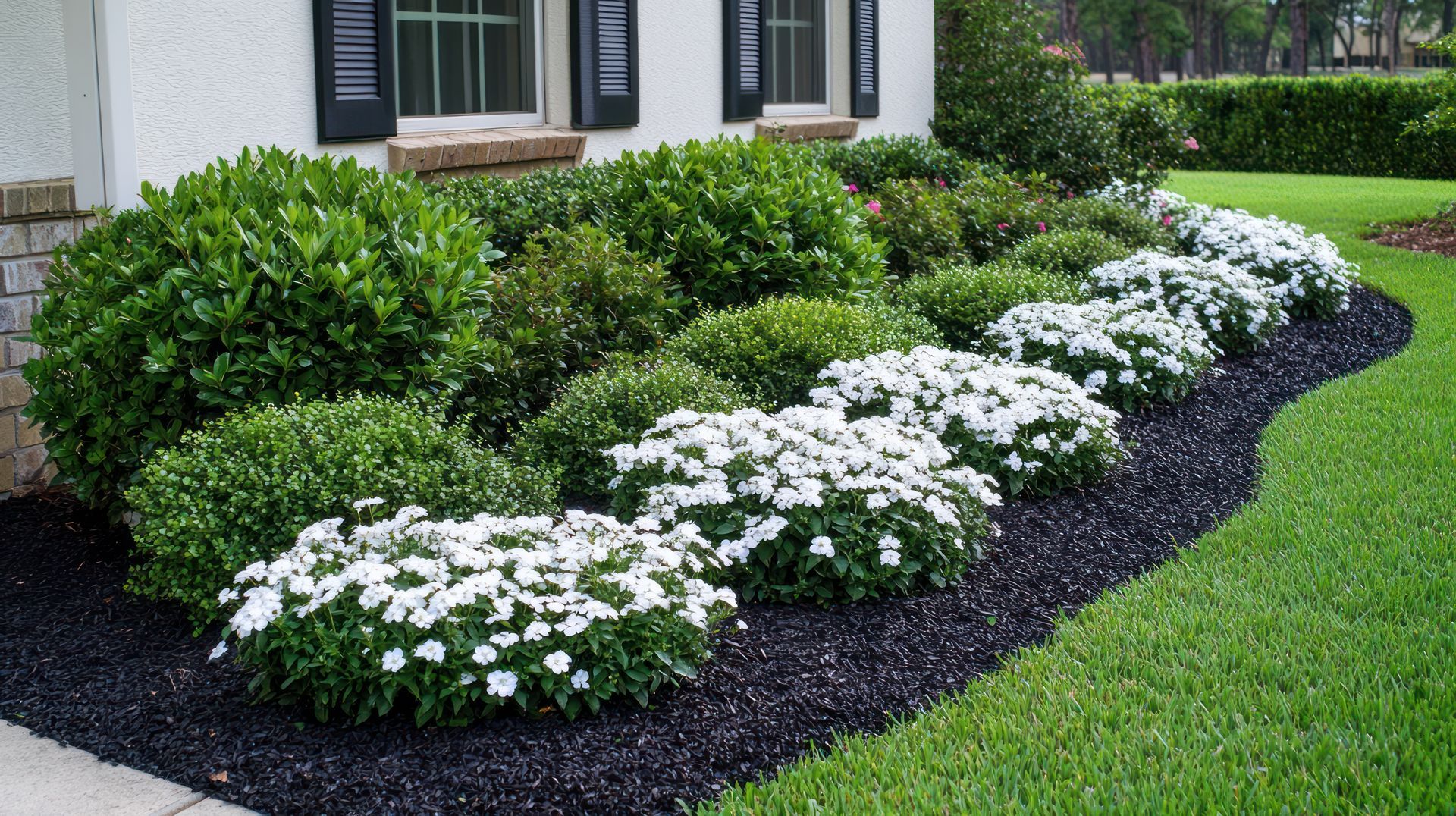 A row of white flowering shrubs and green bushes planted in a garden bed with dark mulch in front of a house.