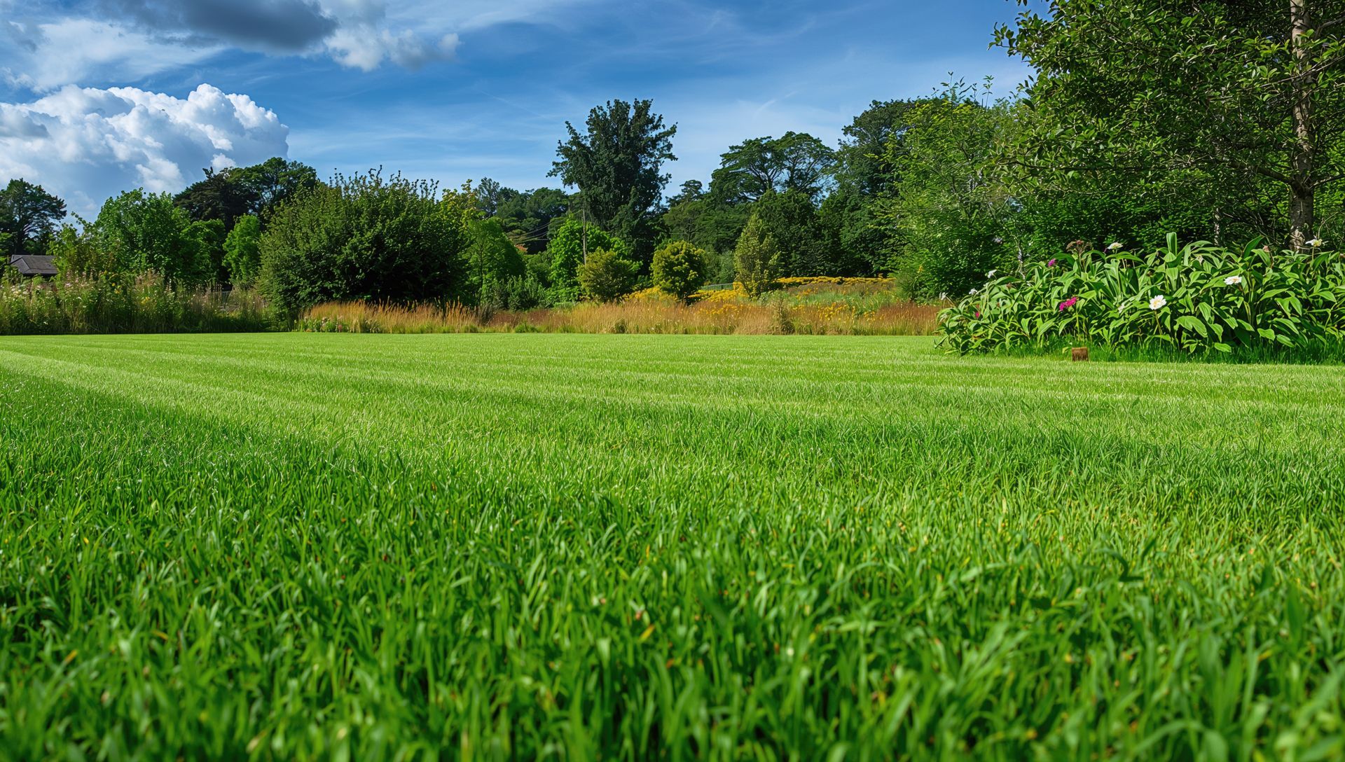 A vibrant green lawn under a sunny blue sky with trees and bushes in the background.