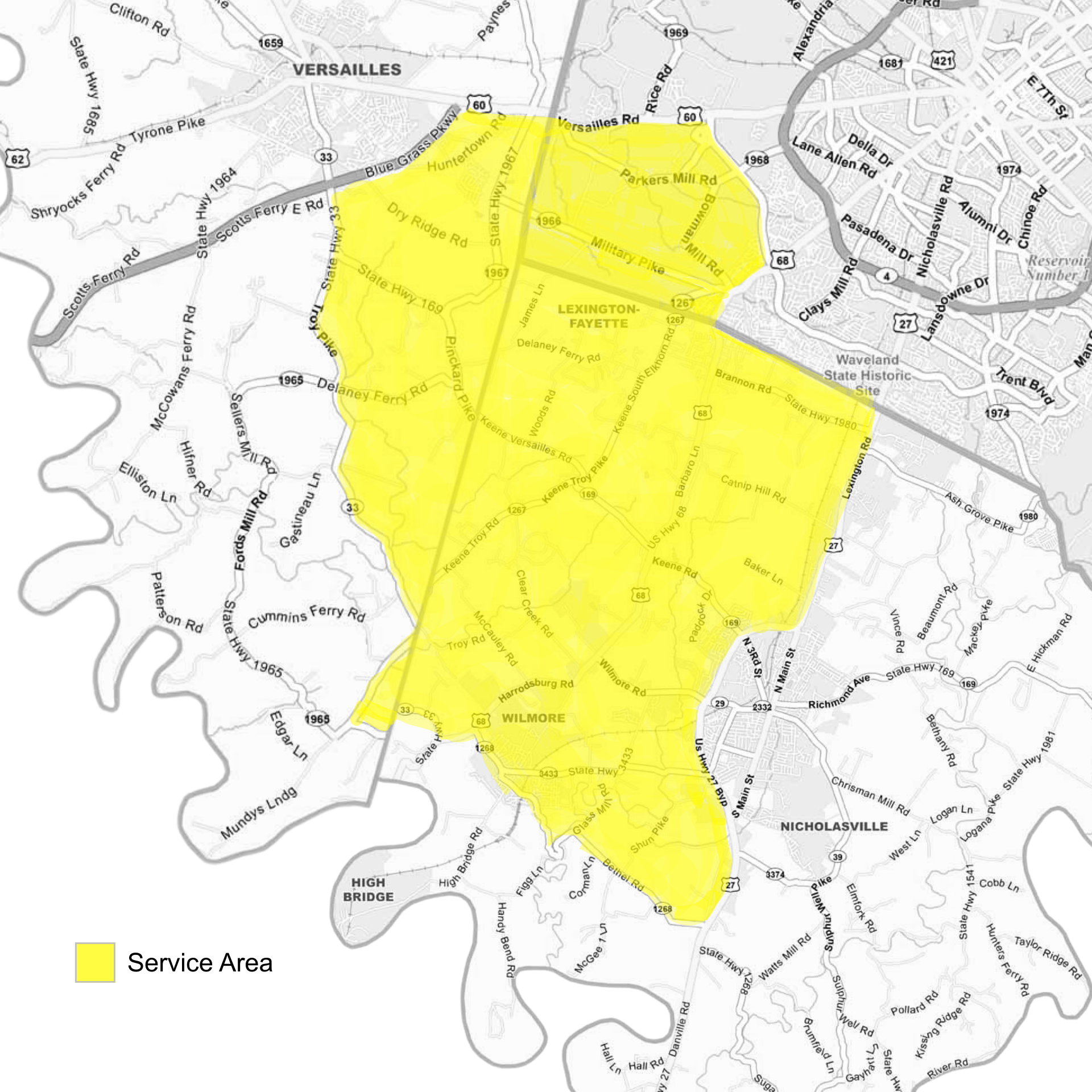 A map showing a yellow-highlighted service area spanning parts of Lexington and Nicholasville, Kentucky.