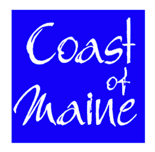 A blue and white logo for the coast of maine