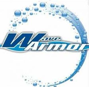 The logo for wave armor is a circle of water with bubbles coming out of it.