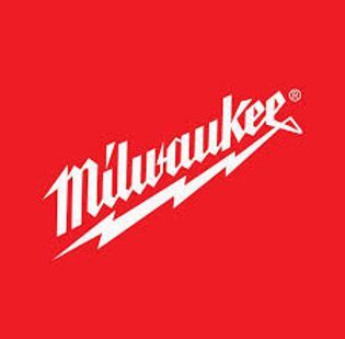 The milwaukee logo is on a red background with a lightning bolt.