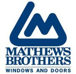 The logo for mathews brothers windows and doors is blue and white.