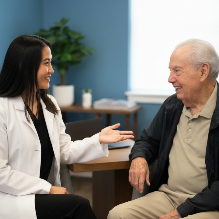 Smiling medical professional in blue scrubs hands paperwork to a patient.