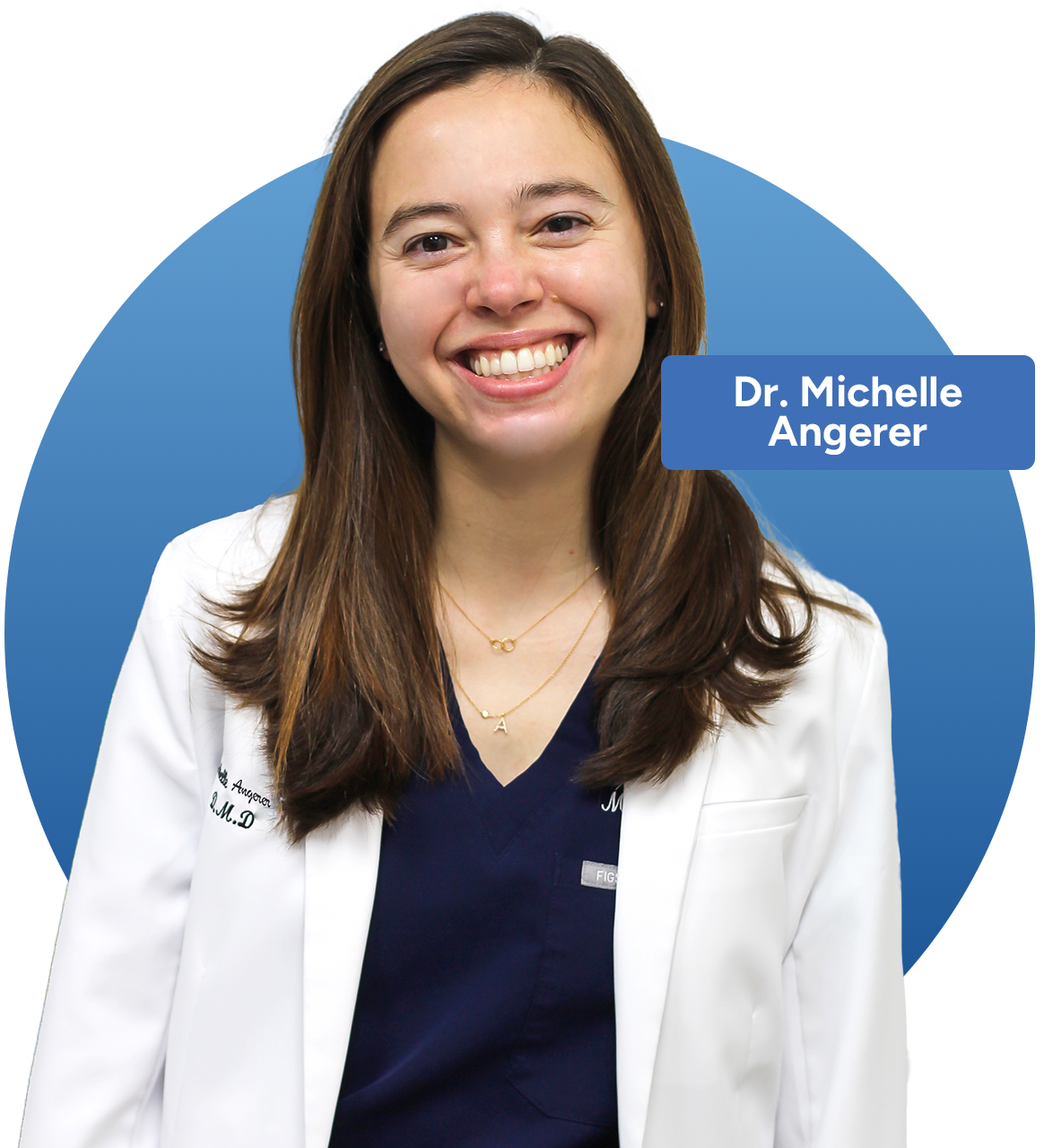 Dr. Kelly Shimada in a lab coat, smiling, arms crossed, set against a blue circle background.