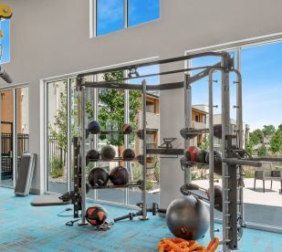 A gym with a lot of exercise equipment and a large window.
