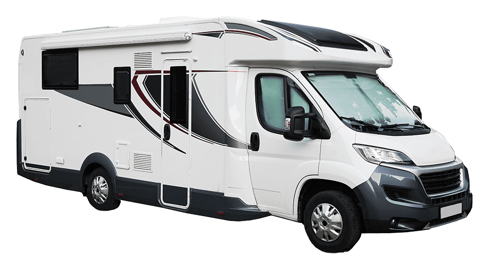 A white and black rv is parked on a white background.