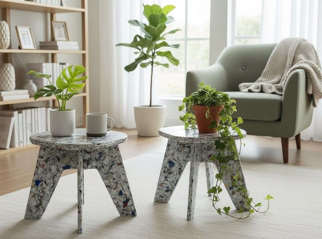 Two small saveBOARD stools with plants, near a green chair and bookshelf in a living room.