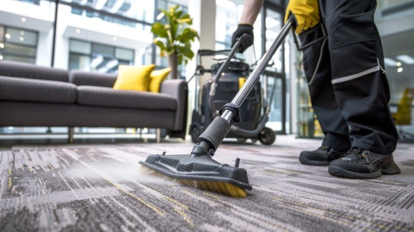 A person wearing work clothes and gloves uses a steam cleaner on a carpeted office floor near a couch.
