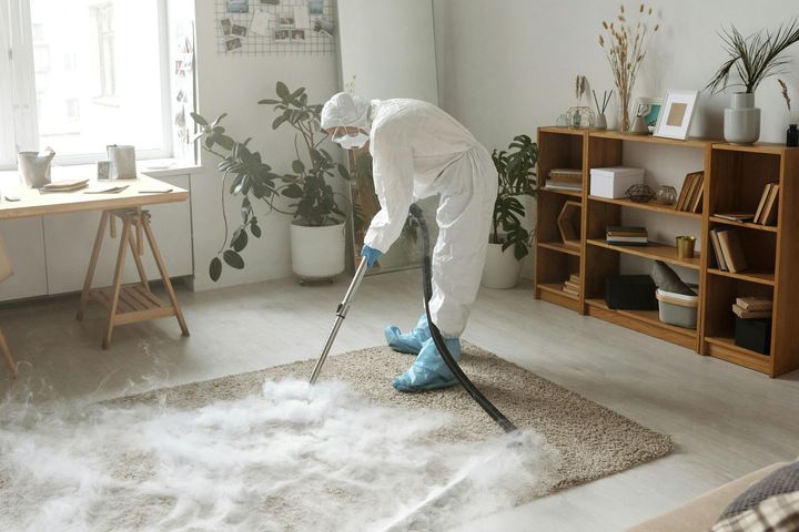 A person in a white hazmat suit uses a steam cleaning machine on a rug in a bright, modern living room.