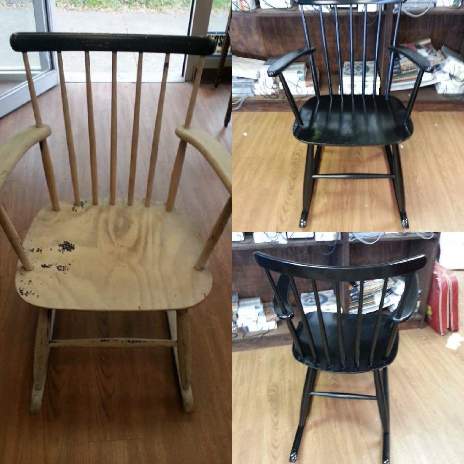 A wooden rocking chair with a black seat