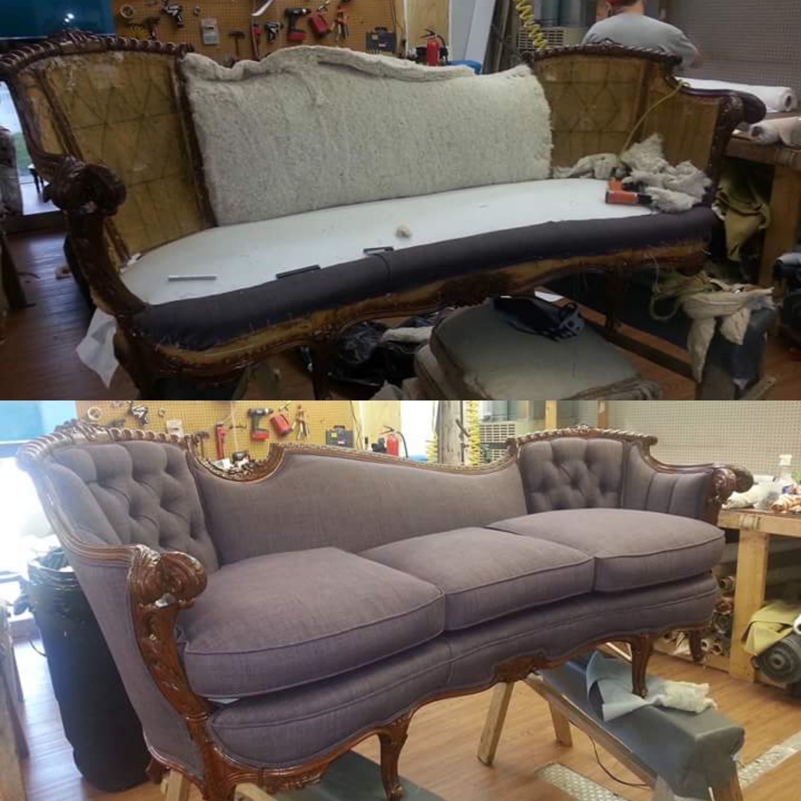 A before and after picture of a couch being restored