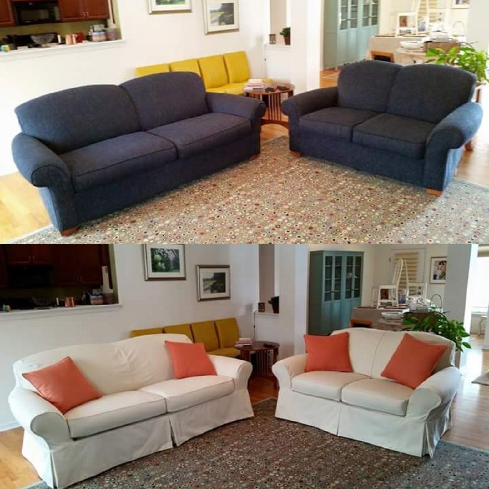A before and after photo of two couches in a living room
