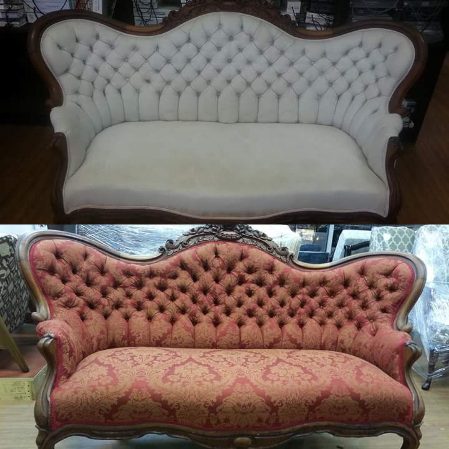A before and after picture of a tufted couch