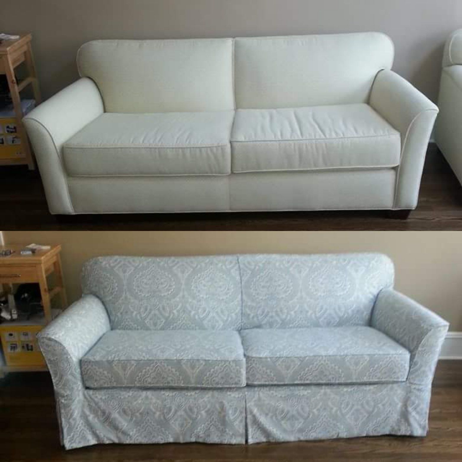 A before and after picture of a white couch