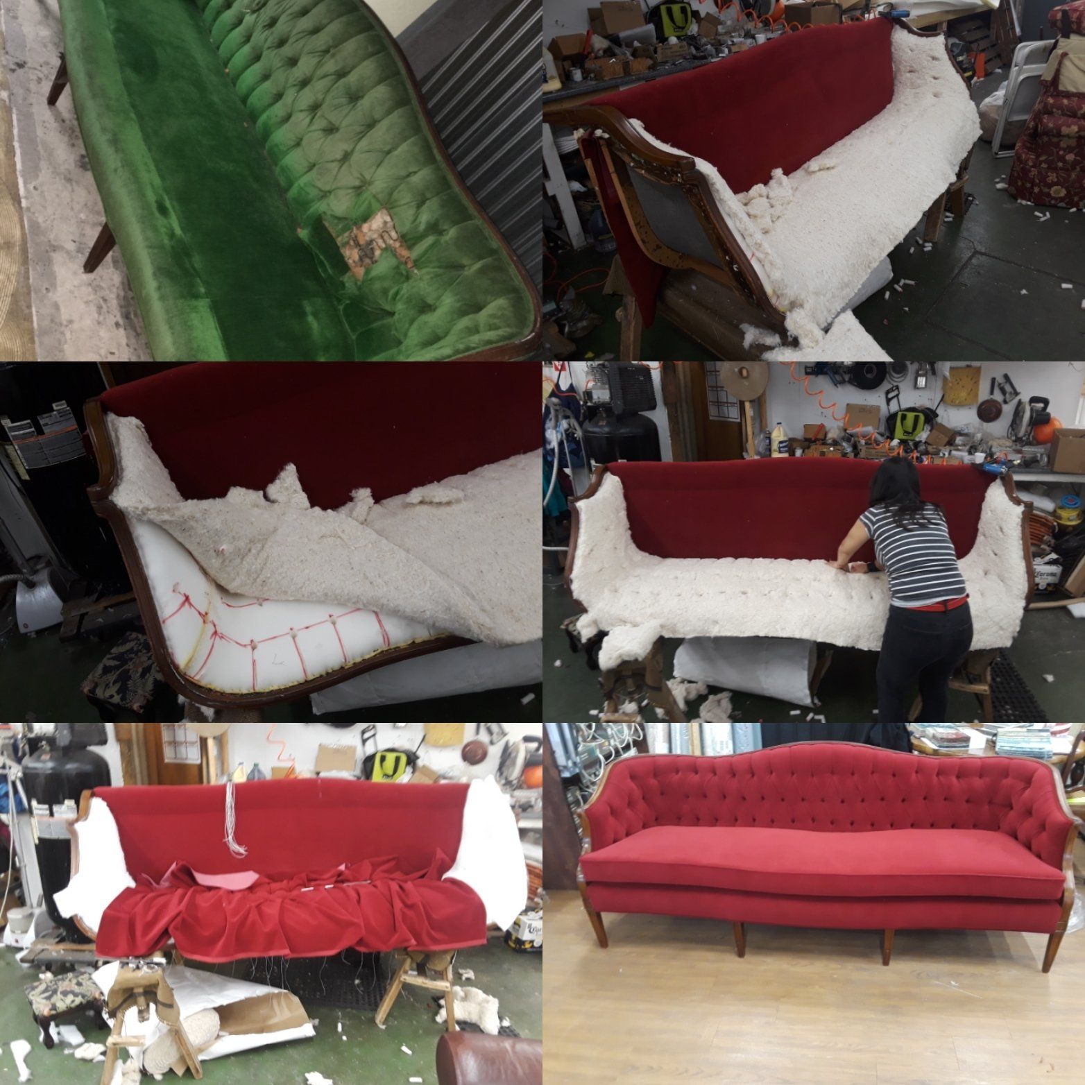 A collage of photos showing a red couch being repaired