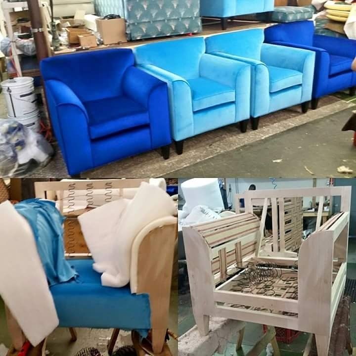 Blue chairs are being built in a factory