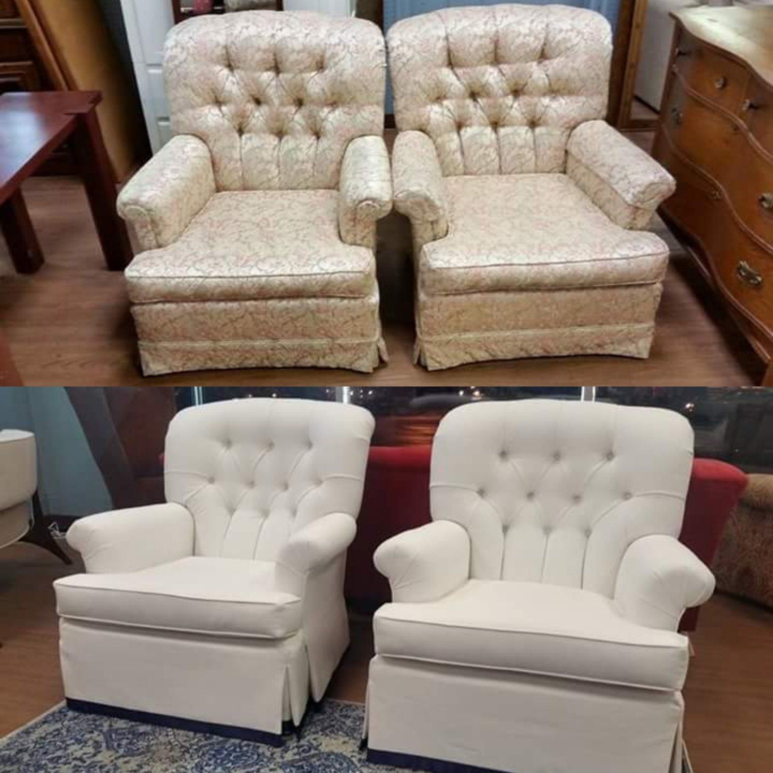 Two white chairs are sitting next to each other in a room