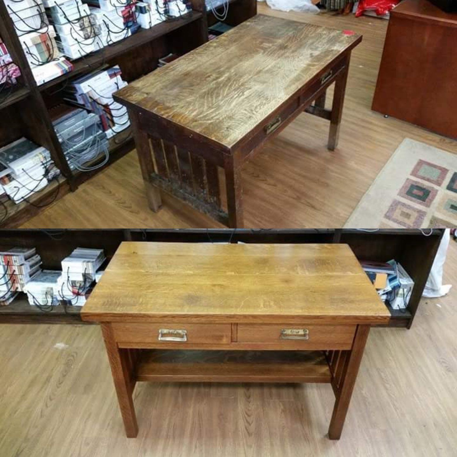 A before and after picture of a wooden table