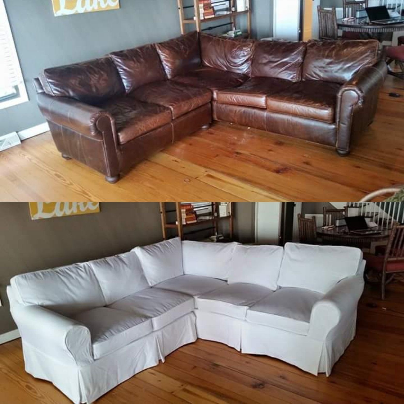 A brown leather sectional couch with a white cover