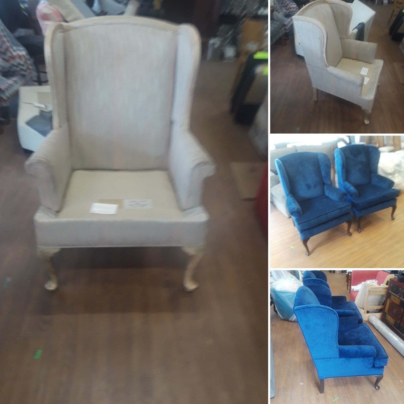 A collage of four pictures of chairs in different colors