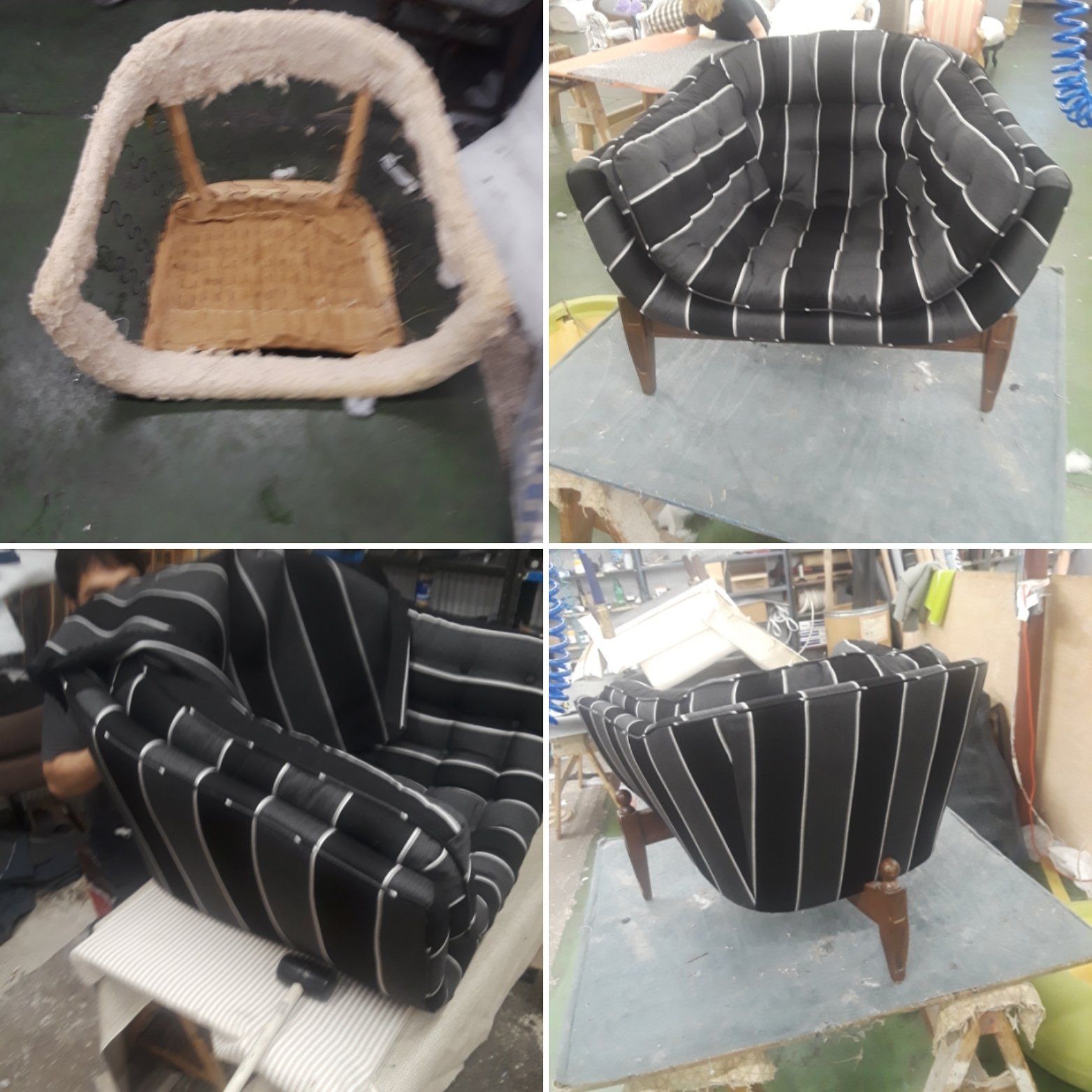 Four pictures of a black and white striped chair