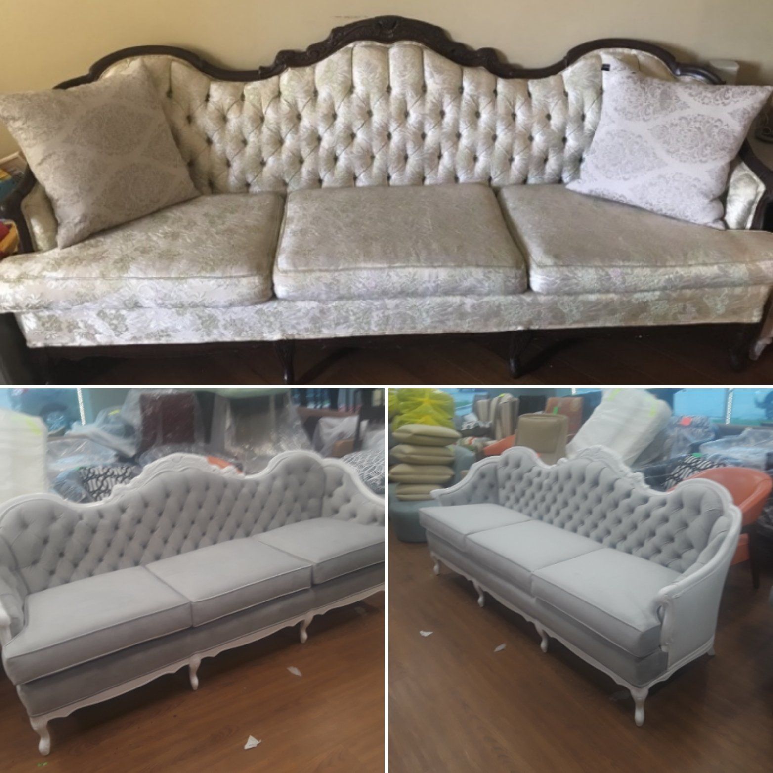 A tufted couch is shown before and after being reupholstered