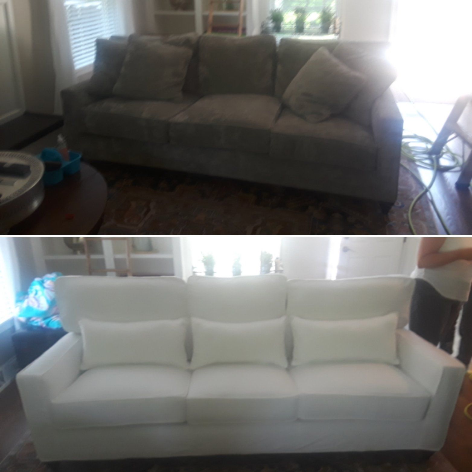 A before and after photo of a couch in a living room