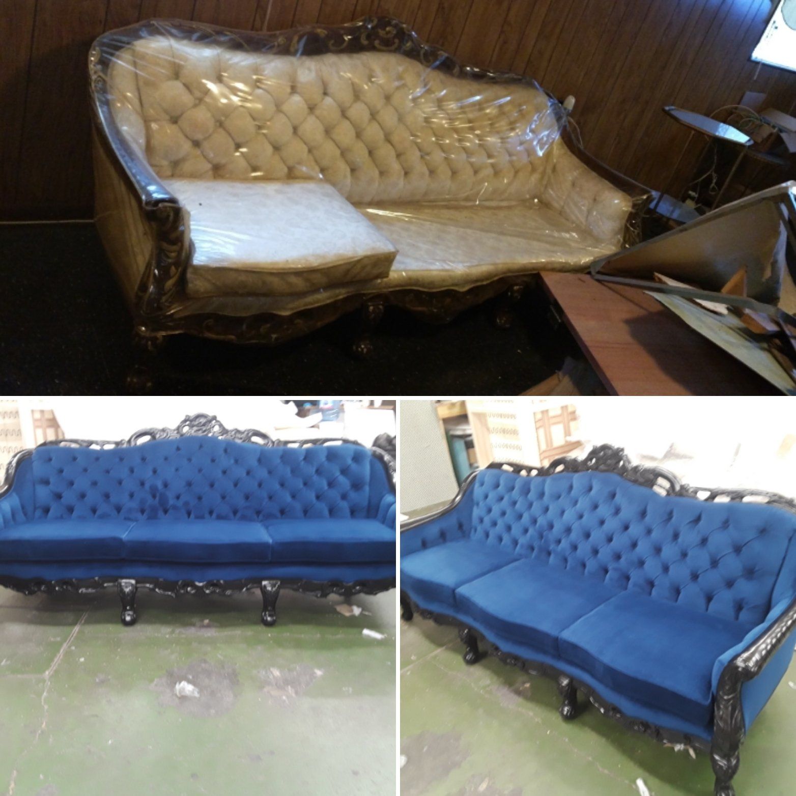 Three pictures of a couch before and after being restored