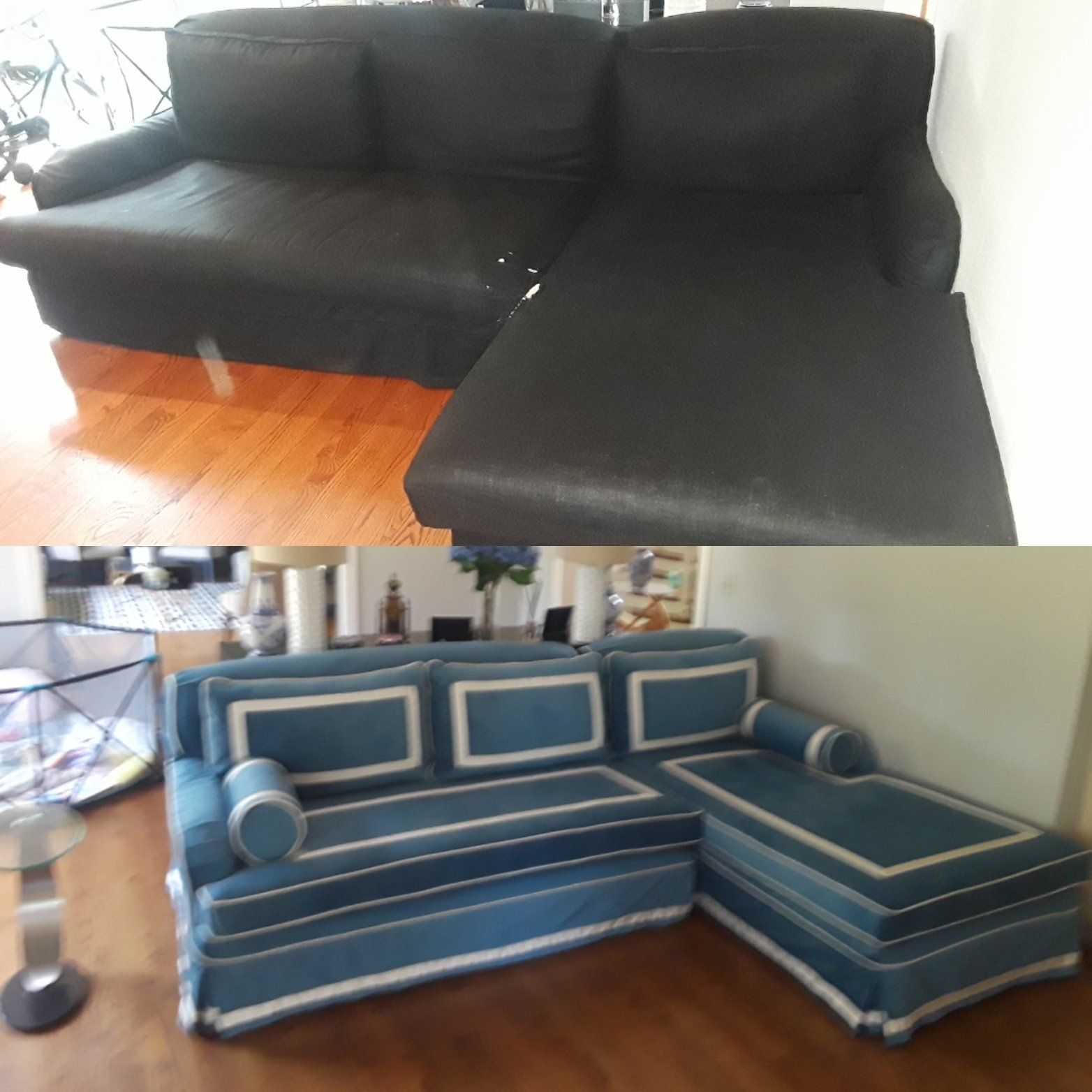 A black couch and a blue couch in a living room