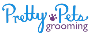 The logo for pretty pets grooming is blue and purple.