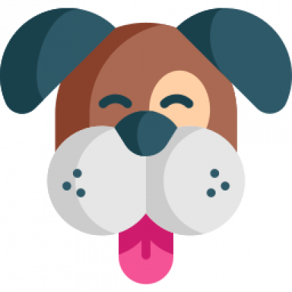 Cartoon dog with brown fur, blue ears, white snout, and pink tongue.