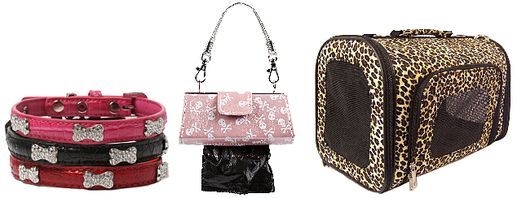 A dog collar , a purse , and a leopard print dog carrier.