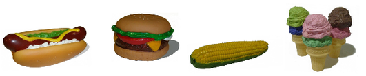A hot dog a hamburger a corn on the cob and an ice cream cone