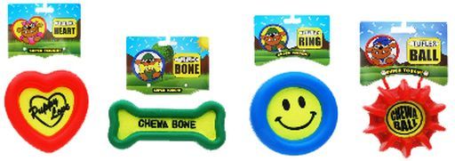 A variety of dog toys including a chew bone
