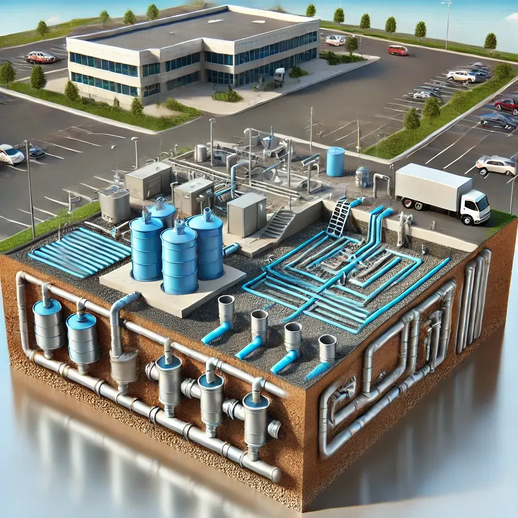 An aerial view of a building with a lot of pipes coming out of it