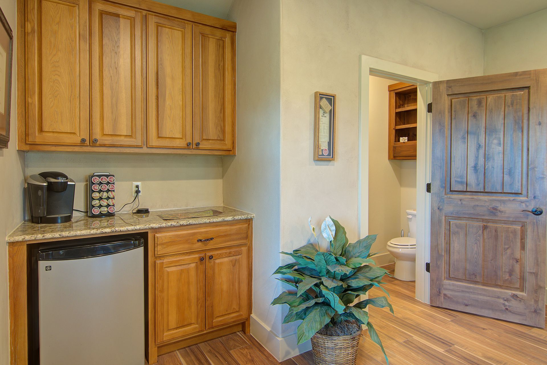 A kitchen with wooden cabinets , a dishwasher , a refrigerator and a potted plant.