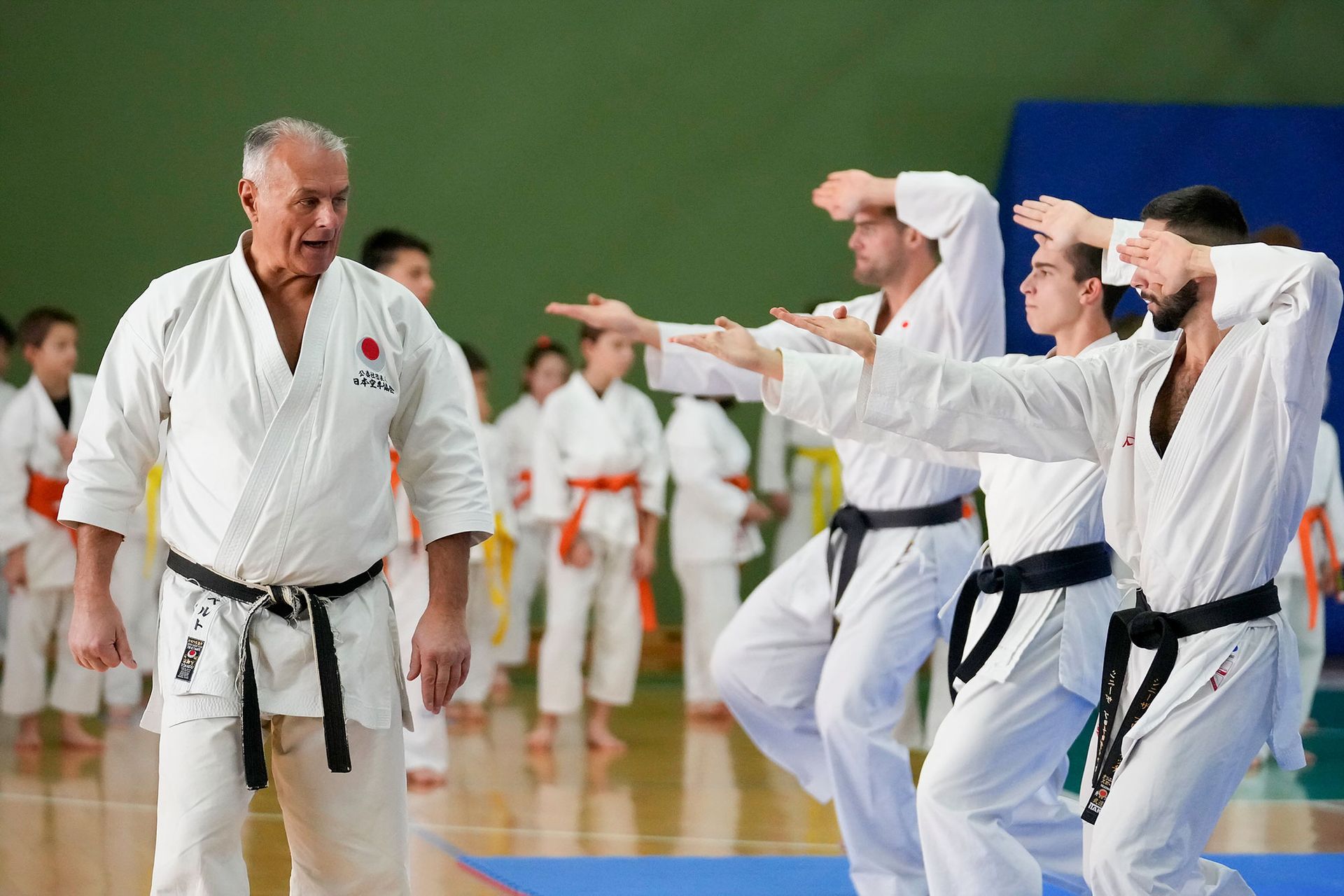Un gruppo di persone pratica karate in una palestra.