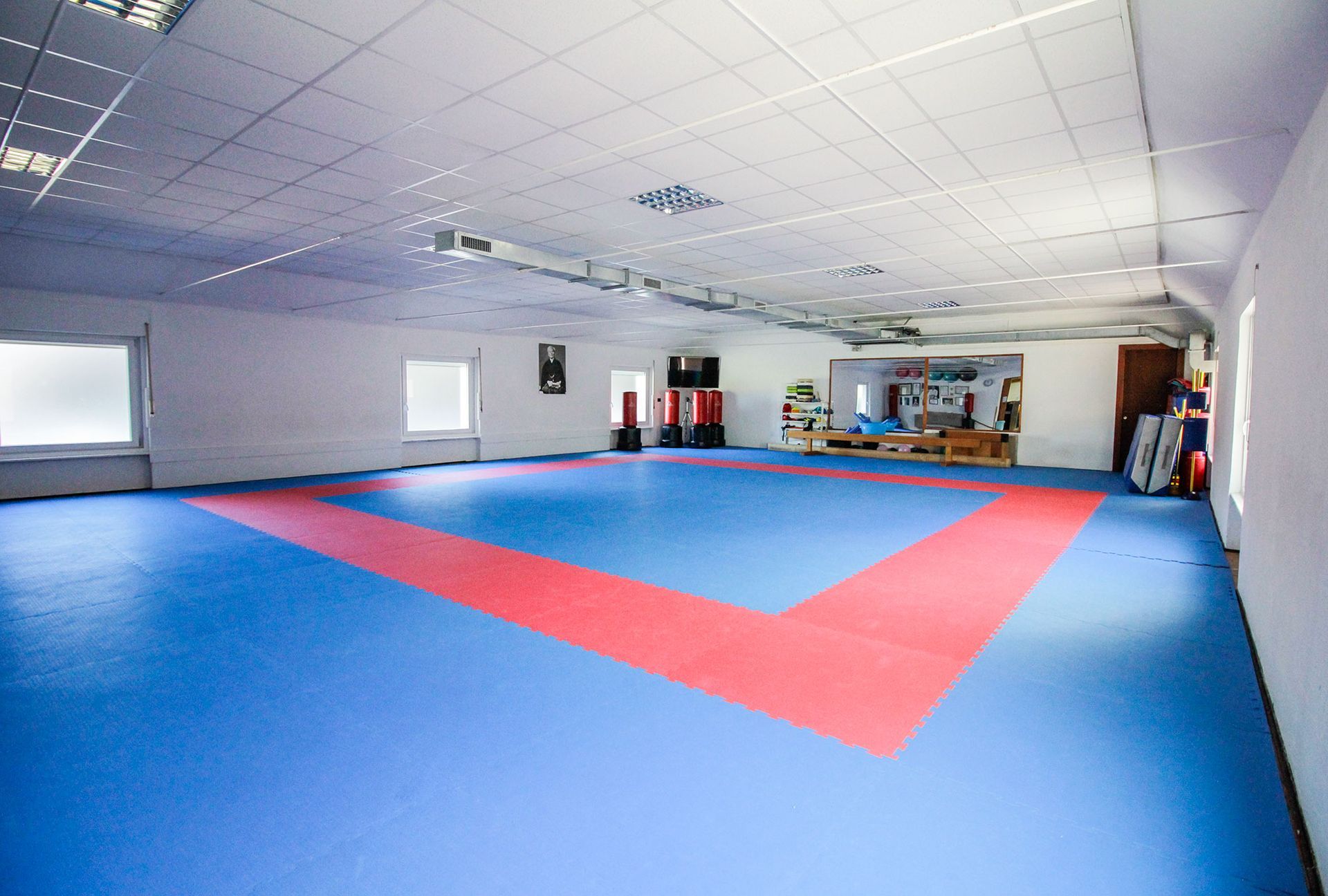 Una grande stanza vuota con un tappeto blu e rosso sul pavimento.