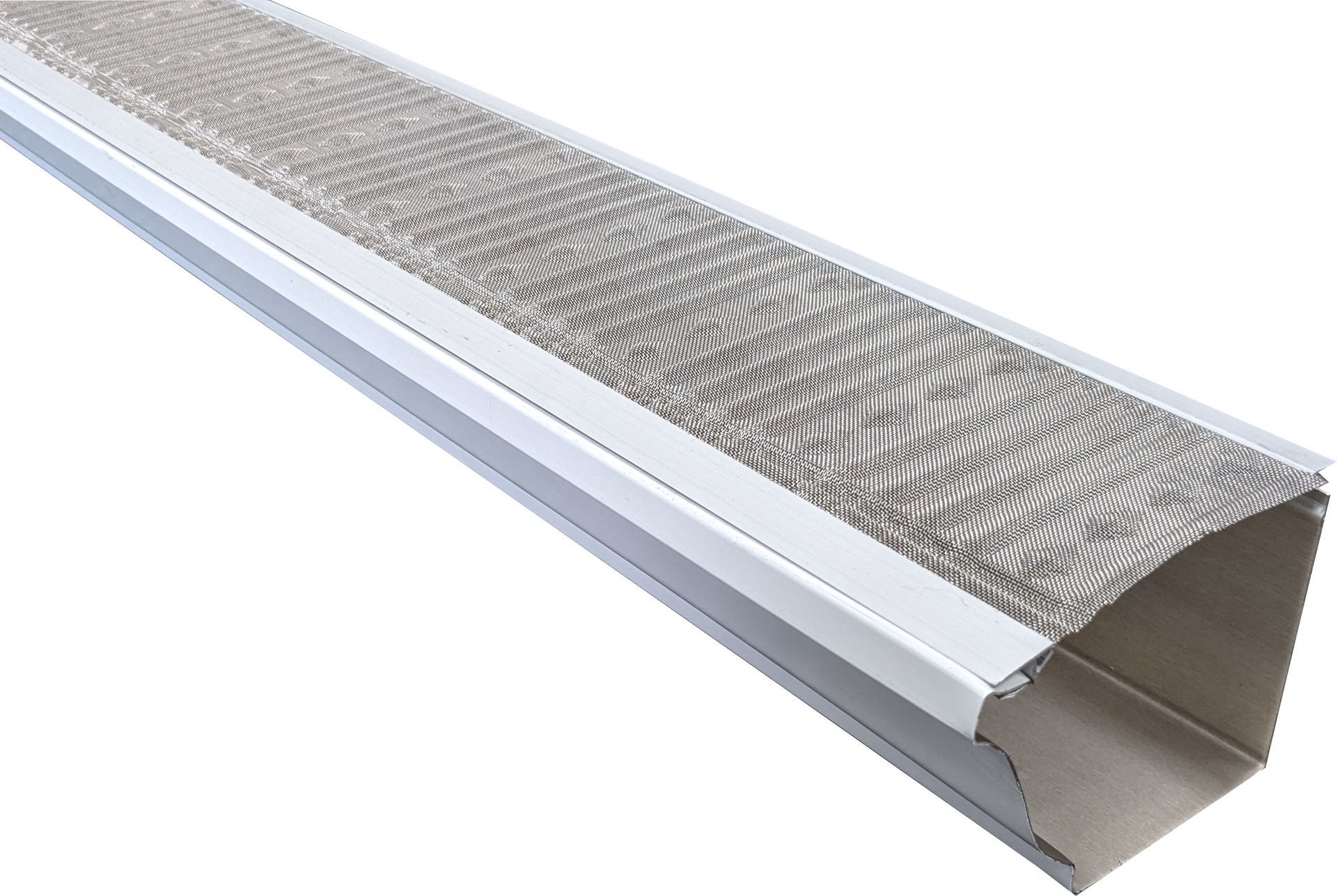 White gutter with a mesh screen.