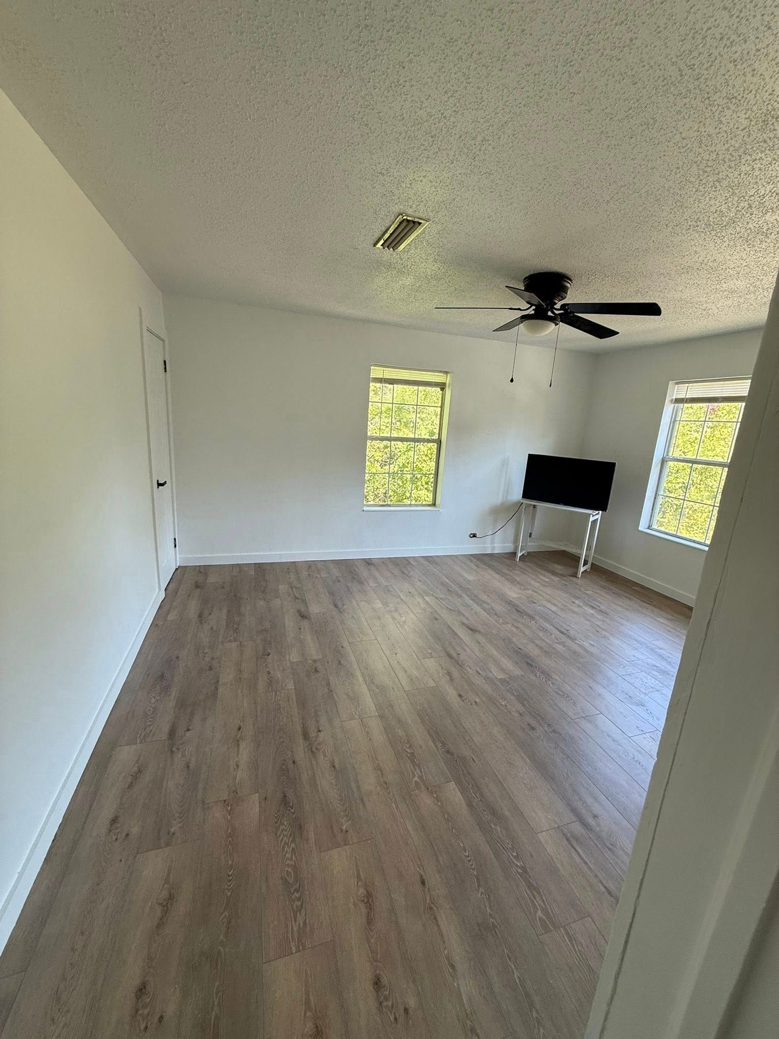 Empty room with wood-look flooring, white walls, two windows, a TV, and a ceiling fan.