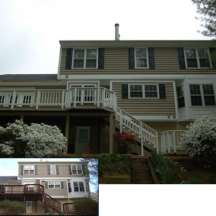Two-story house with beige siding, multiple windows, a deck, and stairs leading down to a yard.