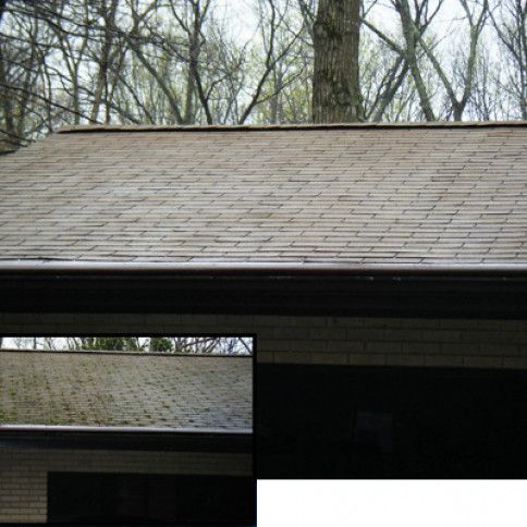 Brown asphalt shingle roof; inset of mossy area. Building beneath trees.
