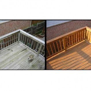 Before and after view of a wooden deck. Left side: weathered wood. Right side: stained, like new.