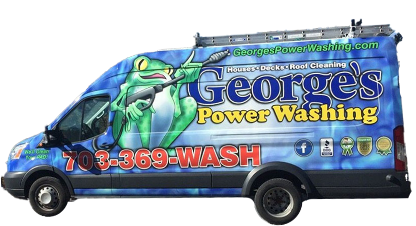 A van with George's Power Washing logo; a frog holding a hose. Contact info: 703-369-WASH.