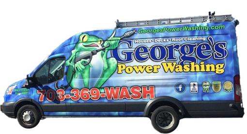 A van with George's Power Washing logo; a frog holding a hose. Contact info: 703-369-WASH.