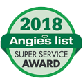 Angie's List Super Service Award badge, green and white, for 2018.